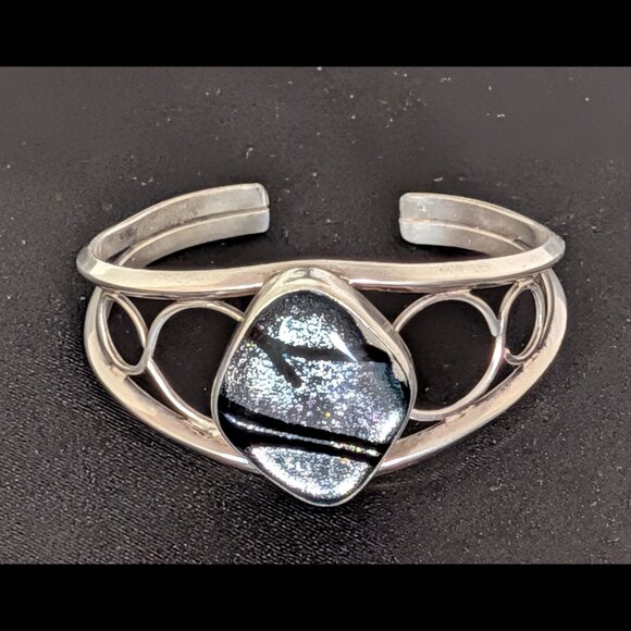 Large ART DECO Silver & Black Figure 8 Sterling Silver Dichroic Glass Bracelet - Picture 5 of 6
